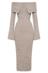 Baxter Off Shoulder Fluffy Knit Midi Dress - Taupe Marle